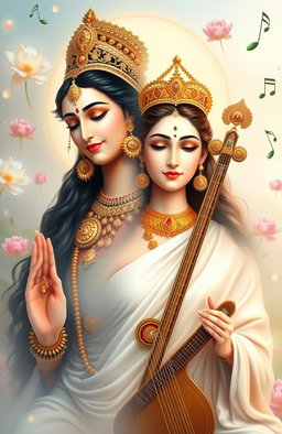 A divine representation of Laxmi Maa and Saraswati Maa in one image, showcasing the upper half of Laxmi Maa adorned in traditional Indian attire with intricate gold jewelry, and the lower half of Saraswati Maa dressed in a pristine white sari, holding a veena