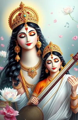 A divine representation of Laxmi Maa and Saraswati Maa in one image, showcasing the upper half of Laxmi Maa adorned in traditional Indian attire with intricate gold jewelry, and the lower half of Saraswati Maa dressed in a pristine white sari, holding a veena