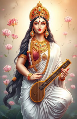 A divine representation of Laxmi Maa and Saraswati Maa in one image, showcasing the upper half of Laxmi Maa adorned in traditional Indian attire with intricate gold jewelry, and the lower half of Saraswati Maa dressed in a pristine white sari, holding a veena