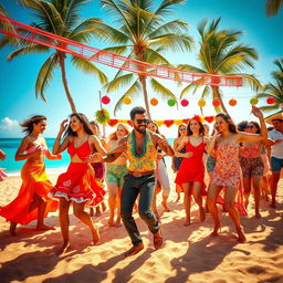 A vibrant and energetic scene of a Latin beach rumba dance, showcasing a diverse group of dancers in colorful attire