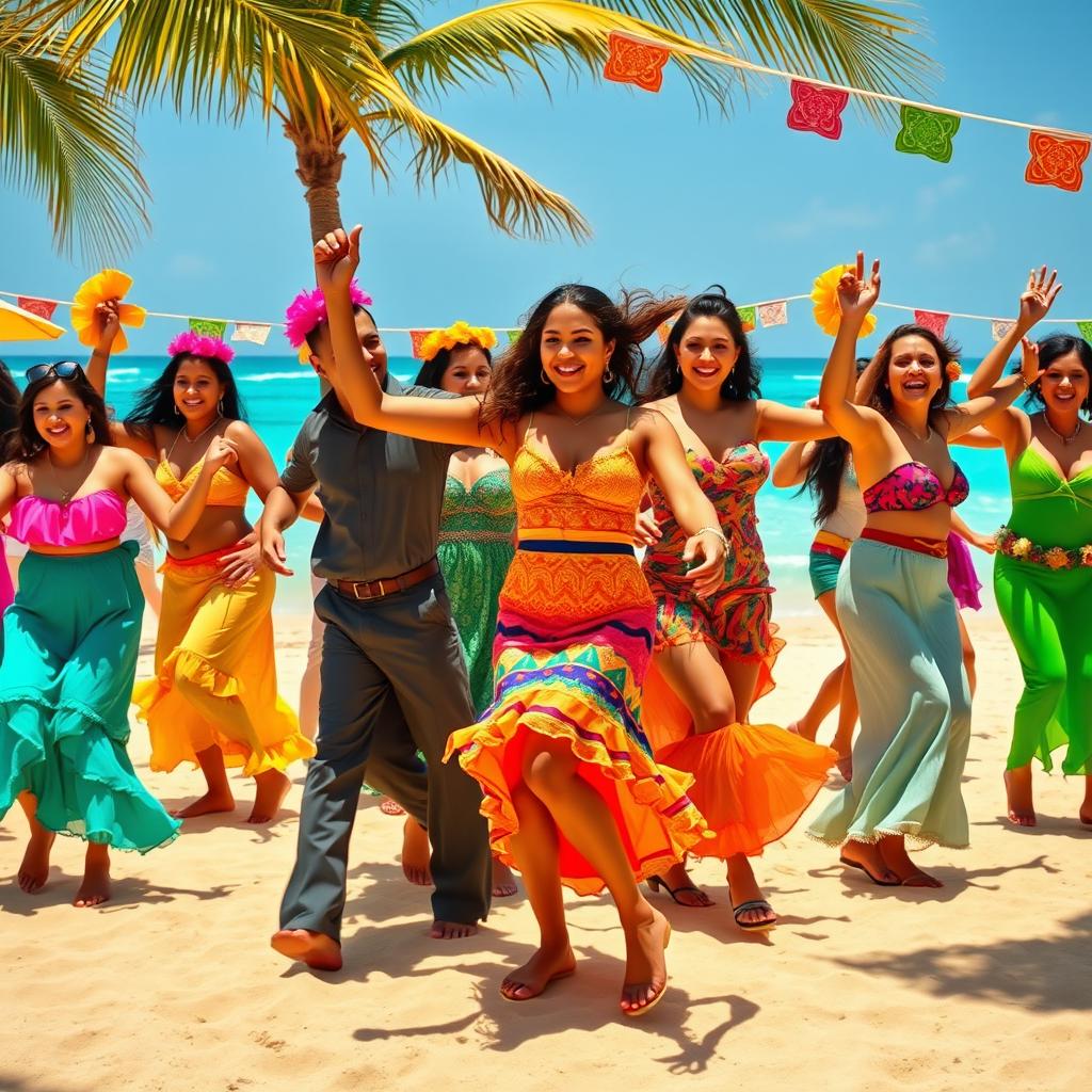 A vibrant and energetic scene of a Latin beach rumba dance, showcasing a diverse group of dancers in colorful attire