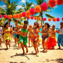 A vibrant and energetic scene of a Latin beach rumba dance, showcasing a diverse group of dancers in colorful attire