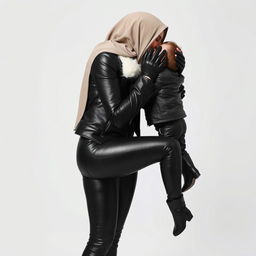 A caring, veiled mother dressed in a tight, shiny black leather jacket with a fluffy white collar, shiny black leather gloves, tight black leather leggings, and high-heeled black leather boots