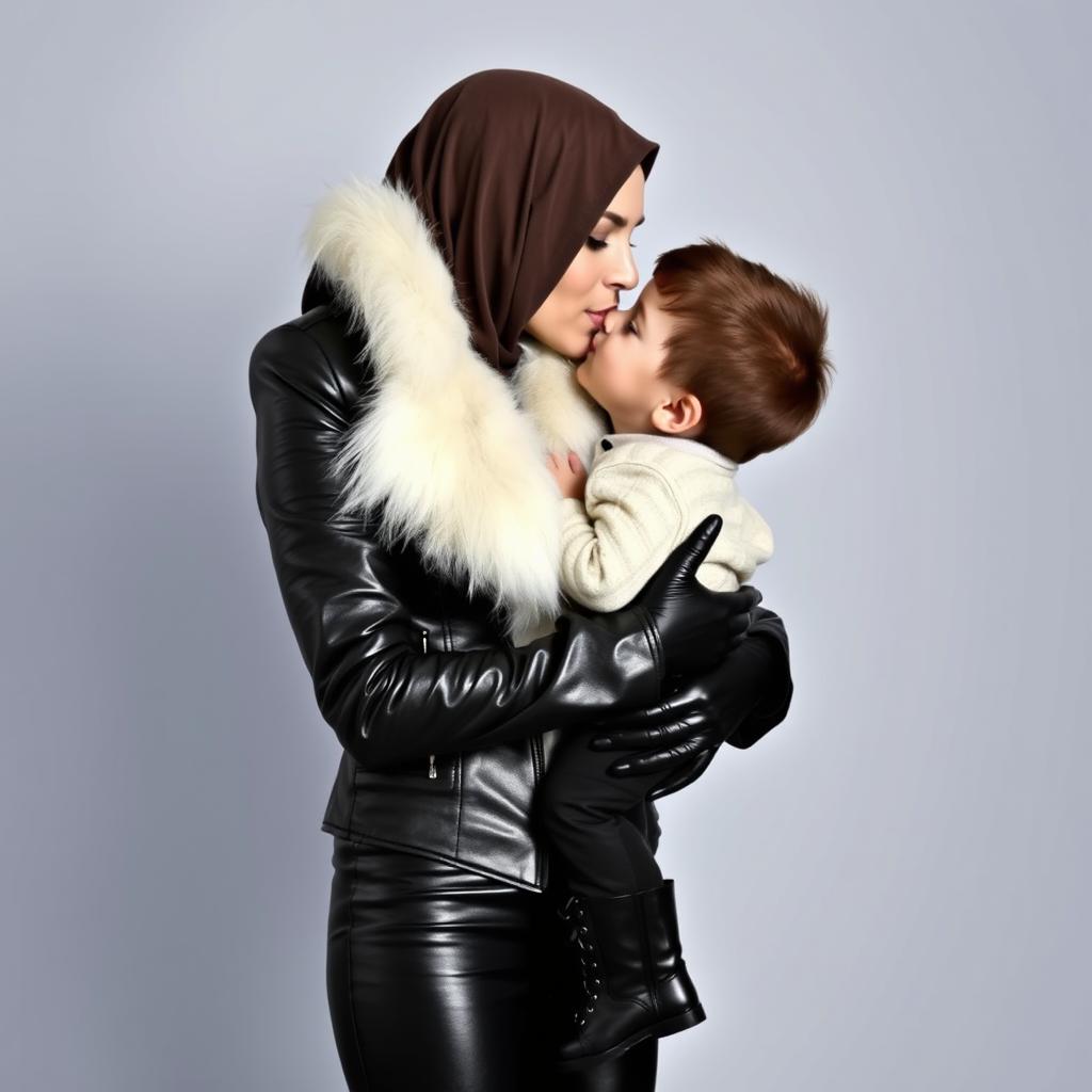 A caring, veiled mother dressed in a tight, shiny black leather jacket with a fluffy white collar, shiny black leather gloves, tight black leather leggings, and high-heeled black leather boots