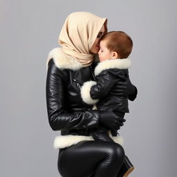 A caring, veiled mother dressed in a tight, shiny black leather jacket with a fluffy white collar, shiny black leather gloves, tight black leather leggings, and high-heeled black leather boots