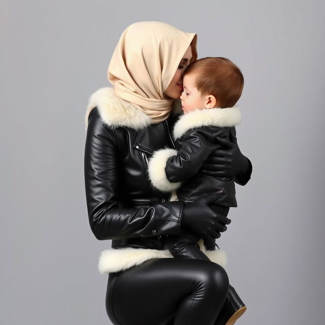 A caring, veiled mother dressed in a tight, shiny black leather jacket with a fluffy white collar, shiny black leather gloves, tight black leather leggings, and high-heeled black leather boots