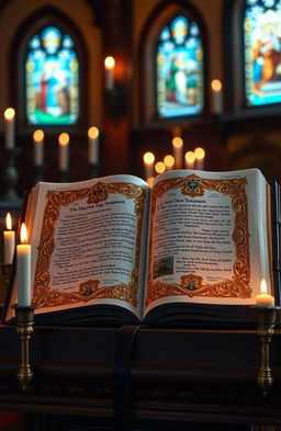 An ornate, beautifully detailed representation of a Santa Biblia (Holy Bible) open on a wooden lectern, glowing softly in a rustic church setting
