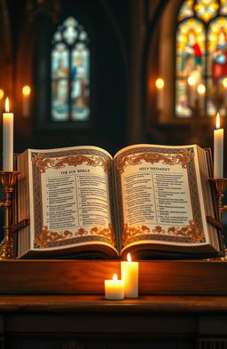 An ornate, beautifully detailed representation of a Santa Biblia (Holy Bible) open on a wooden lectern, glowing softly in a rustic church setting
