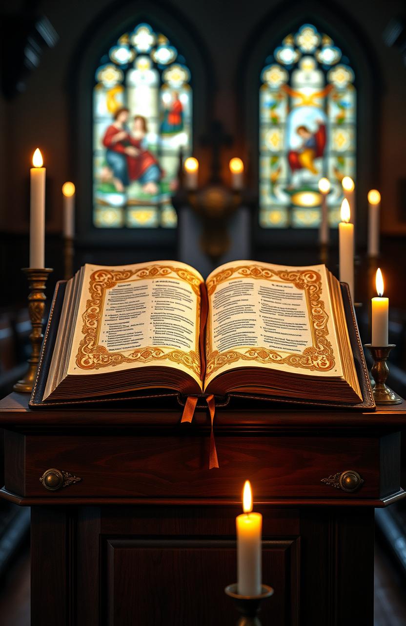 An ornate, beautifully detailed representation of a Santa Biblia (Holy Bible) open on a wooden lectern, glowing softly in a rustic church setting
