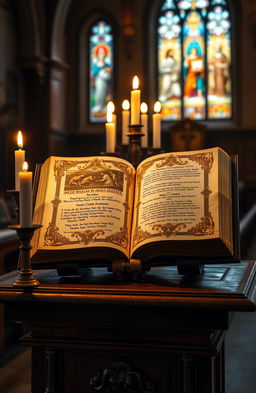 An ornate, beautifully detailed representation of a Santa Biblia (Holy Bible) open on a wooden lectern, glowing softly in a rustic church setting