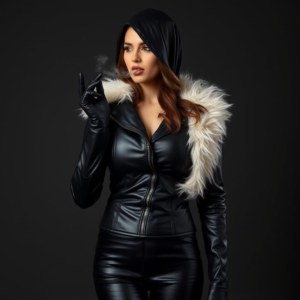 A nurturing, veiled woman, dressed in a stylish, tight-fitting black leather jacket with a white fur collar