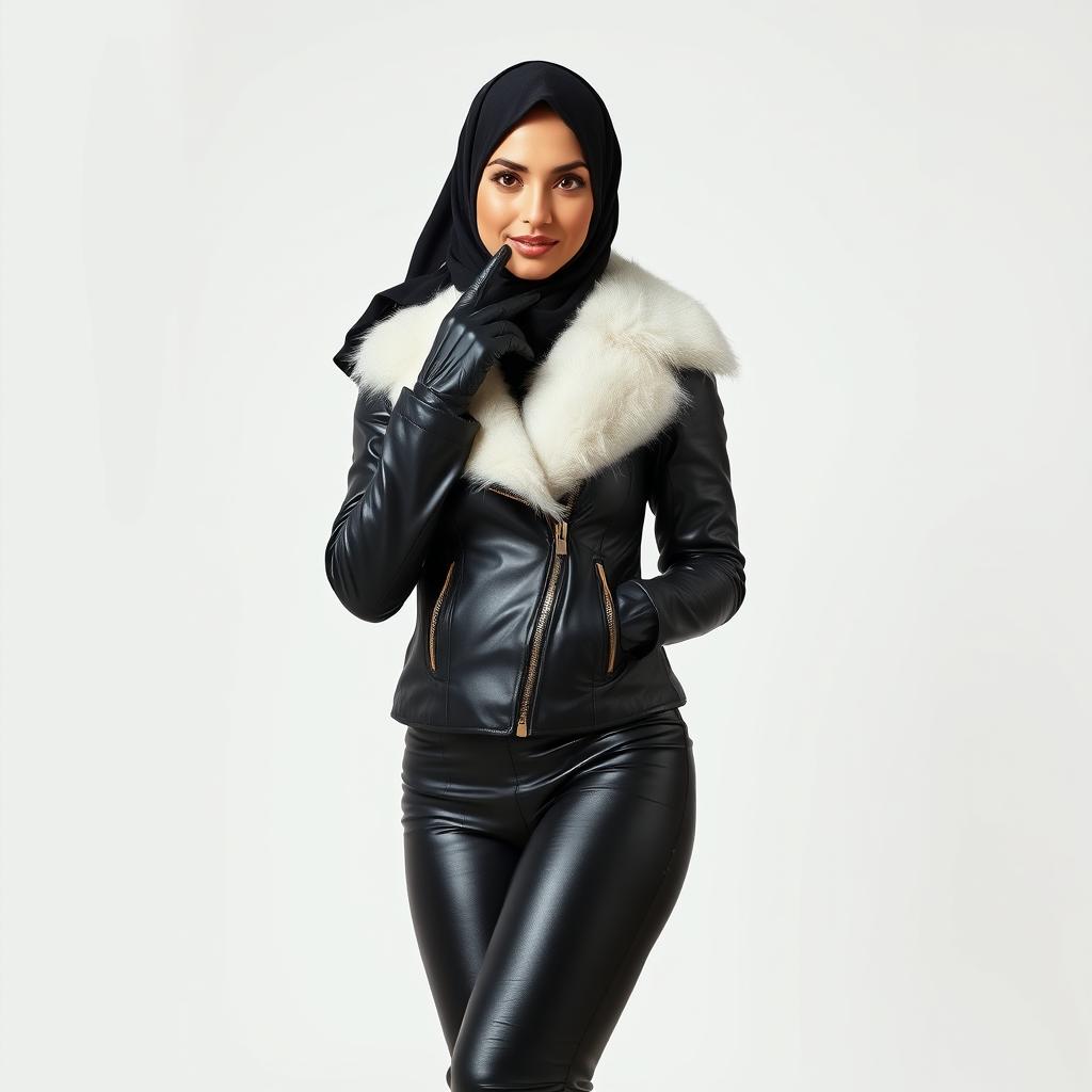 A nurturing, veiled and hijab-wearing woman dressed in a form-fitting, glossy black leather jacket with a white fur collar, along with shiny black leather gloves