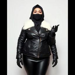 A round-shaped woman wearing a hijab and niqab, clad in a fitted shiny black leather jacket with a white fur collar