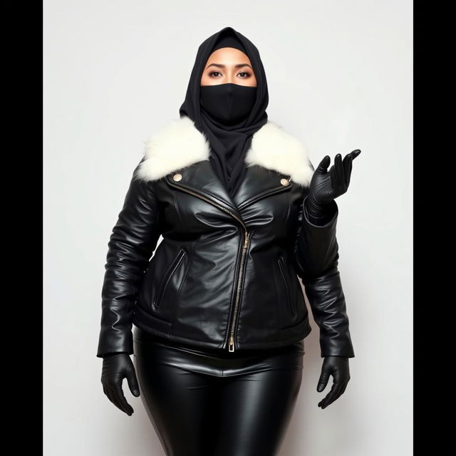 A round-shaped woman wearing a hijab and niqab, clad in a fitted shiny black leather jacket with a white fur collar