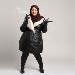 A round-shaped woman wearing a hijab and niqab, clad in a fitted shiny black leather jacket with a white fur collar