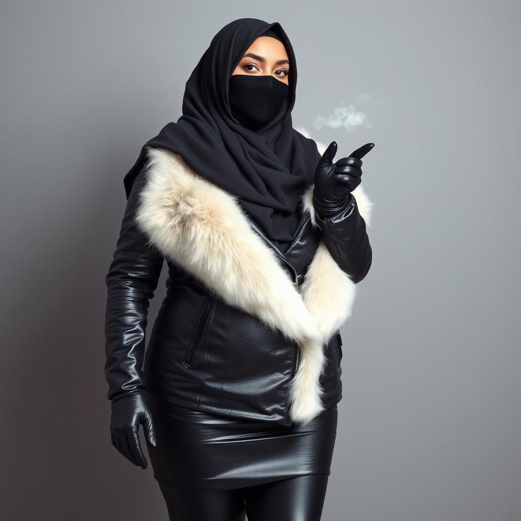 A round-shaped woman wearing a hijab and niqab, clad in a fitted shiny black leather jacket with a white fur collar
