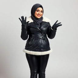 A round-shaped woman wearing a hijab and niqab, clad in a fitted shiny black leather jacket with a white fur collar