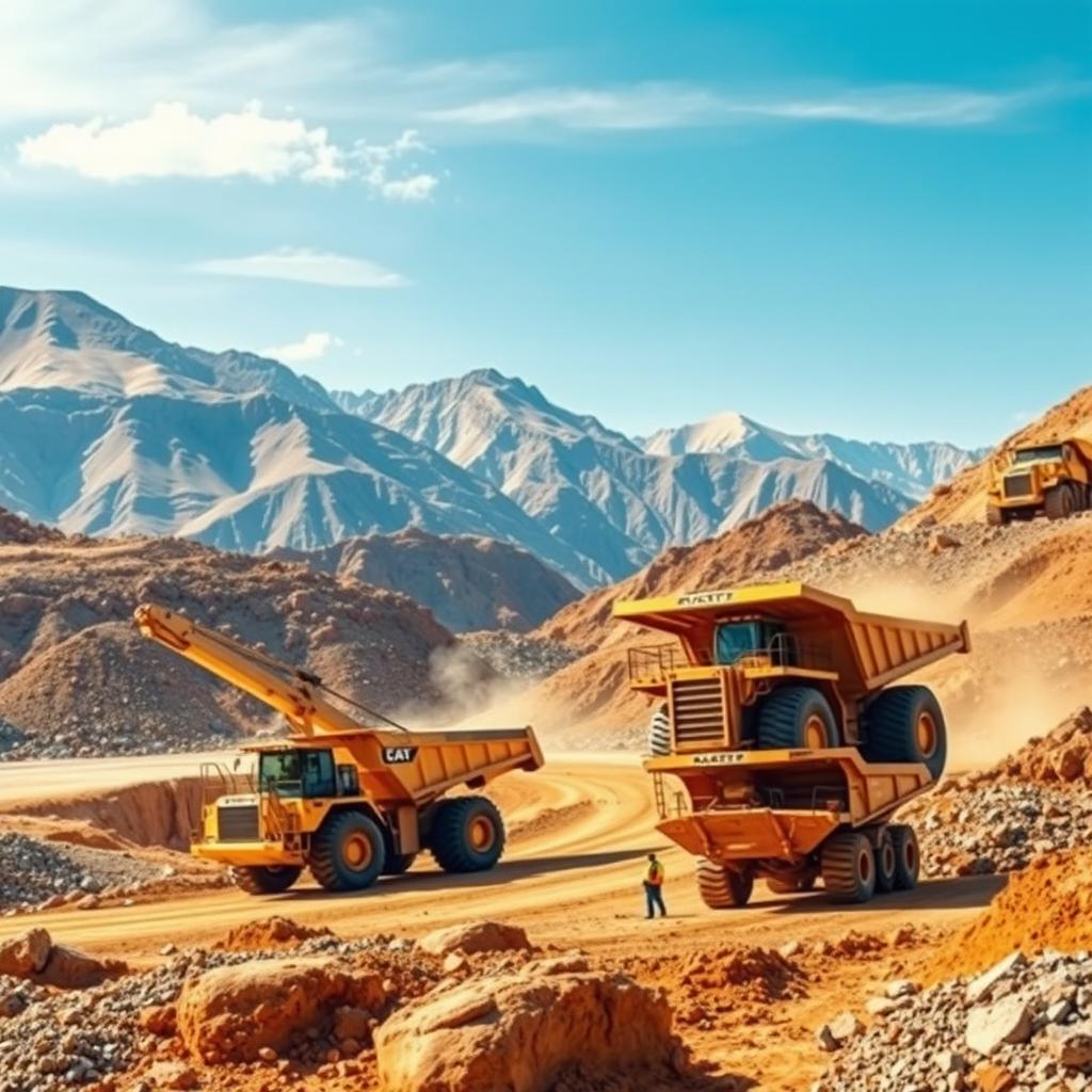 A stunning mining engineering themed wallpaper featuring a dynamic landscape showcasing large mining vehicles such as excavators and dump trucks in the process of digging and transporting minerals