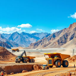A stunning mining engineering themed wallpaper featuring a dynamic landscape showcasing large mining vehicles such as excavators and dump trucks in the process of digging and transporting minerals