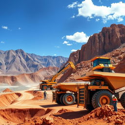A stunning mining engineering themed wallpaper featuring a dynamic landscape showcasing large mining vehicles such as excavators and dump trucks in the process of digging and transporting minerals