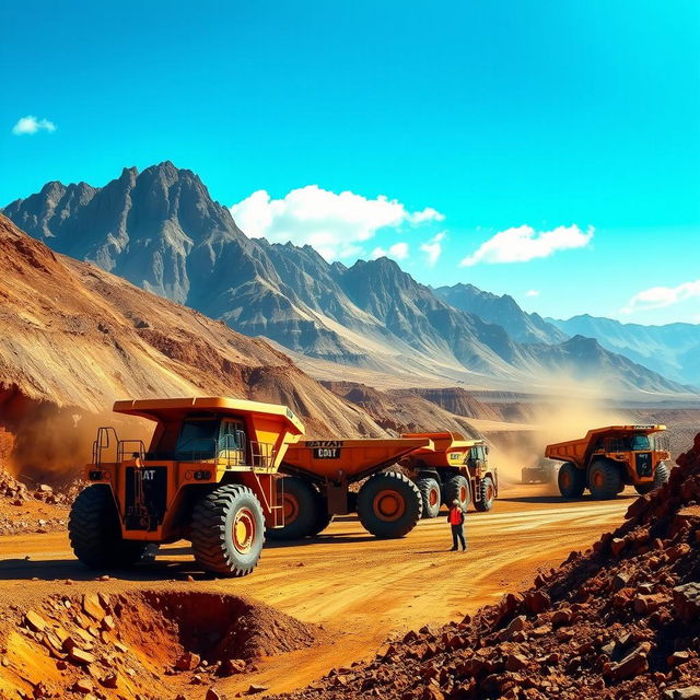 A stunning mining engineering themed wallpaper featuring a dynamic landscape showcasing large mining vehicles such as excavators and dump trucks in the process of digging and transporting minerals