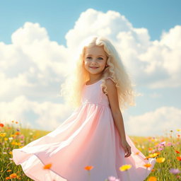 A girl with long, white, curly hair that cascades down her shoulders, dressed in a flowing, pastel-colored dress that dances in the breeze