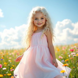 A girl with long, white, curly hair that cascades down her shoulders, dressed in a flowing, pastel-colored dress that dances in the breeze