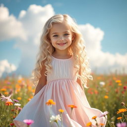 A girl with long, white, curly hair that cascades down her shoulders, dressed in a flowing, pastel-colored dress that dances in the breeze