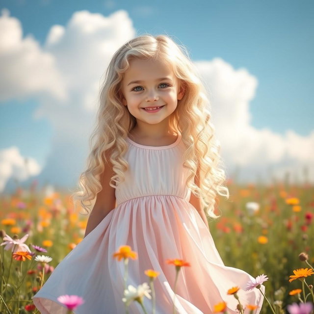 A girl with long, white, curly hair that cascades down her shoulders, dressed in a flowing, pastel-colored dress that dances in the breeze