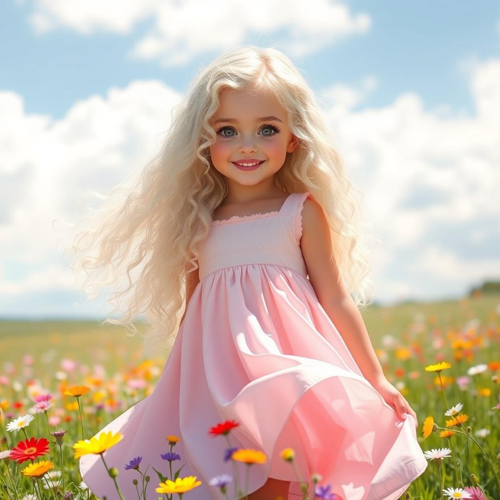 A girl with long, white, curly hair that cascades down her shoulders, dressed in a flowing, pastel-colored dress that dances in the breeze