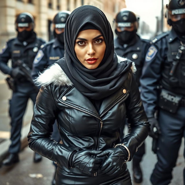 A striking image of a woman wearing a hijab and niqab, dressed in a tight, shiny black leather jacket with a white fur collar, glossy black leather gloves, and black leather leggings