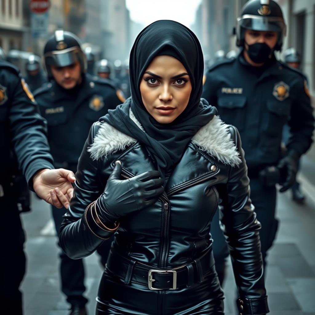 A striking image of a woman wearing a hijab and niqab, dressed in a tight, shiny black leather jacket with a white fur collar, glossy black leather gloves, and black leather leggings