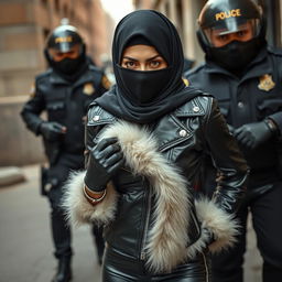 A striking image of a woman wearing a hijab and niqab, dressed in a tight, shiny black leather jacket with a white fur collar, glossy black leather gloves, and black leather leggings