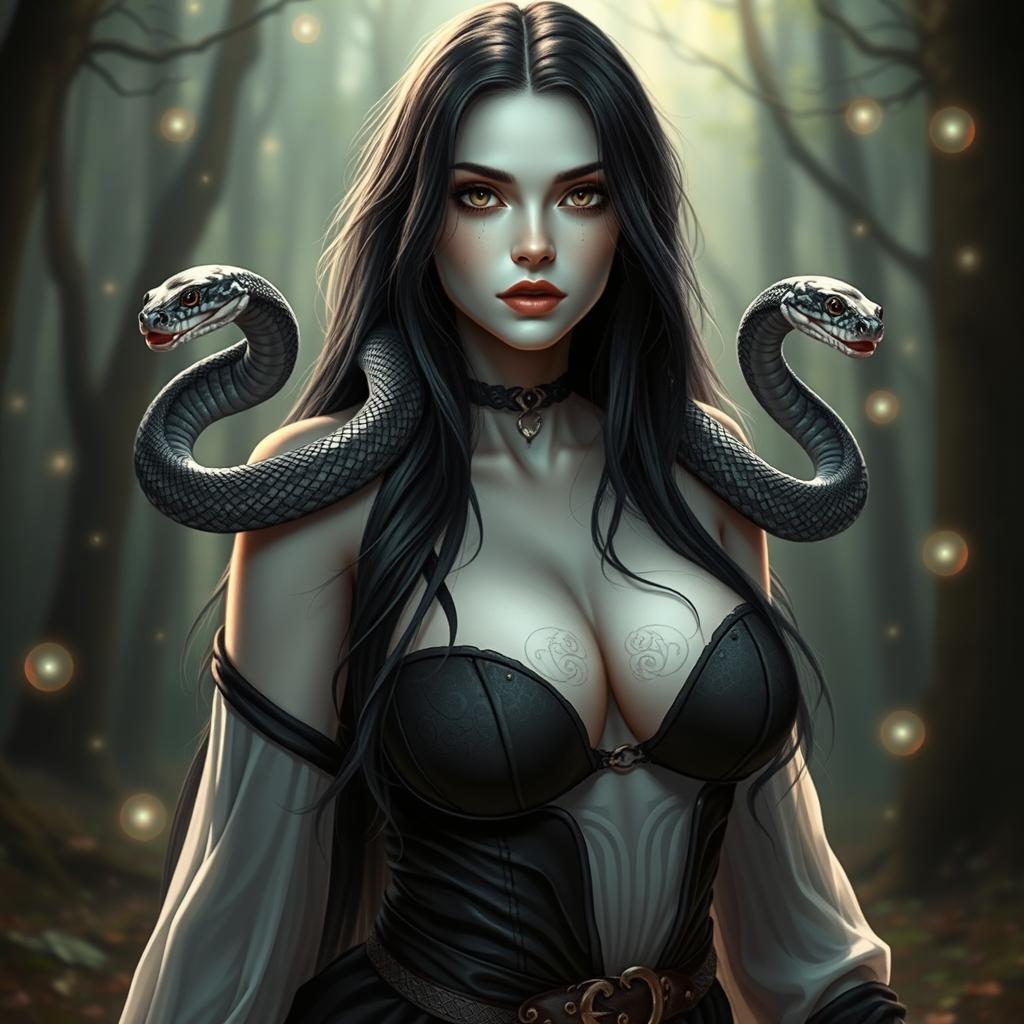 A young woman with white skin and long black hair, portrayed as a wizard