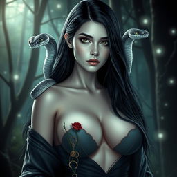A young woman with white skin and long black hair, portrayed as a wizard
