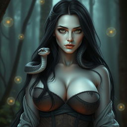 A young woman with white skin and long black hair, portrayed as a wizard