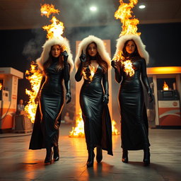 Three women wearing tight, shiny black leather abayas with white fur hoods, leather gloves, and high-heeled leather boots inside a fully burning gas station