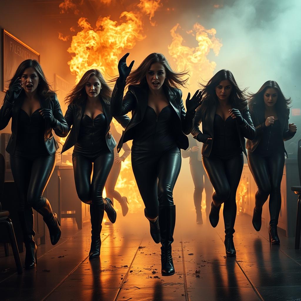 A terrifying scene depicting a teachers' lounge on fire, with female teachers inside wearing tight black leather outfits, high-heeled leather boots, leather gloves, and leather jackets