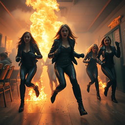 A terrifying scene depicting a teachers' lounge on fire, with female teachers inside wearing tight black leather outfits, high-heeled leather boots, leather gloves, and leather jackets
