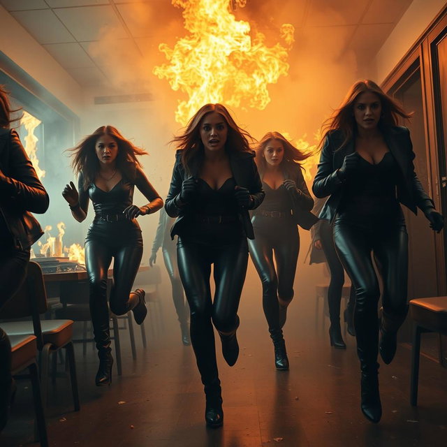 A terrifying scene depicting a teachers' lounge on fire, with female teachers inside wearing tight black leather outfits, high-heeled leather boots, leather gloves, and leather jackets