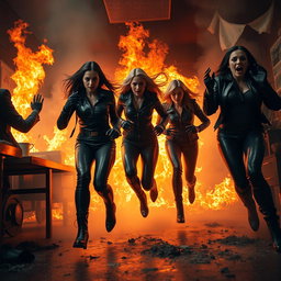 A terrifying scene depicting a teachers' lounge on fire, with female teachers inside wearing tight black leather outfits, high-heeled leather boots, leather gloves, and leather jackets