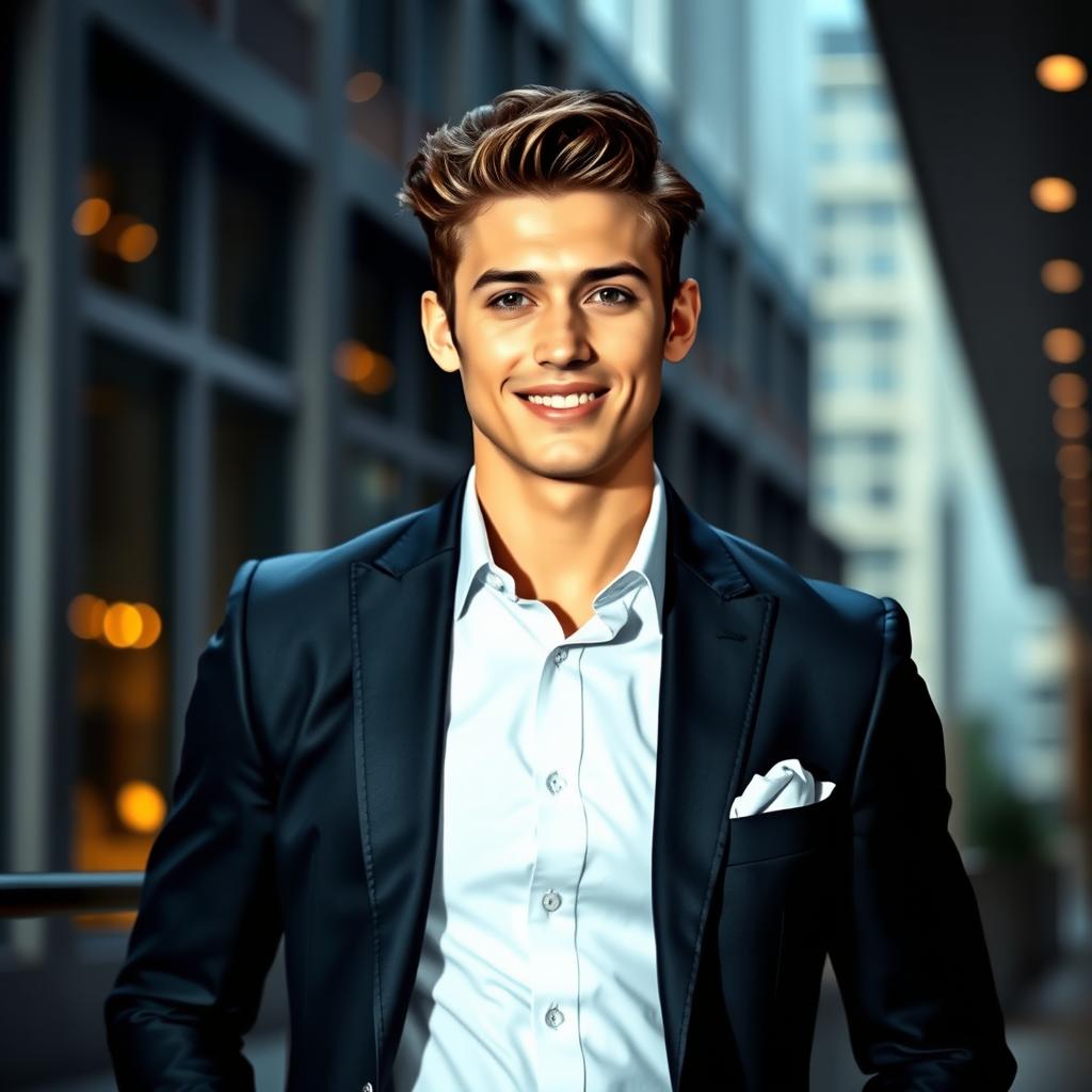 A stylish young man dressed in a sharp, tailored suit, exuding confidence and charm
