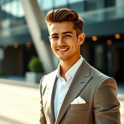 A stylish young man dressed in a sharp, tailored suit, exuding confidence and charm