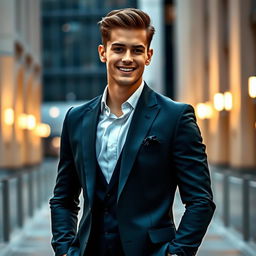 A stylish young man dressed in a sharp, tailored suit, exuding confidence and charm