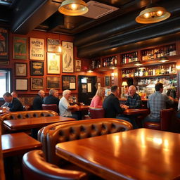 A vibrant pub scene featuring a selection of freshly polished wooden tables and cozy leather seating