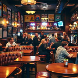 A vibrant pub scene featuring a selection of freshly polished wooden tables and cozy leather seating