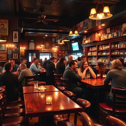 A vibrant pub scene featuring a selection of freshly polished wooden tables and cozy leather seating