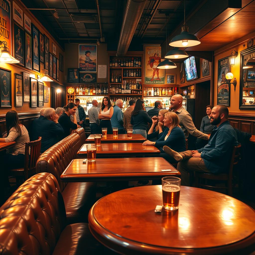A vibrant pub scene featuring a selection of freshly polished wooden tables and cozy leather seating