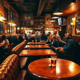 A vibrant pub scene featuring a selection of freshly polished wooden tables and cozy leather seating