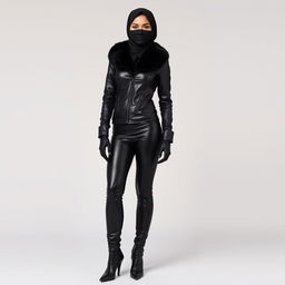 A full-length image of a woman wearing a complete leather outfit, including a shiny leather hijab and a face veil that covers her face except for her heavily kohl-rimmed eyes